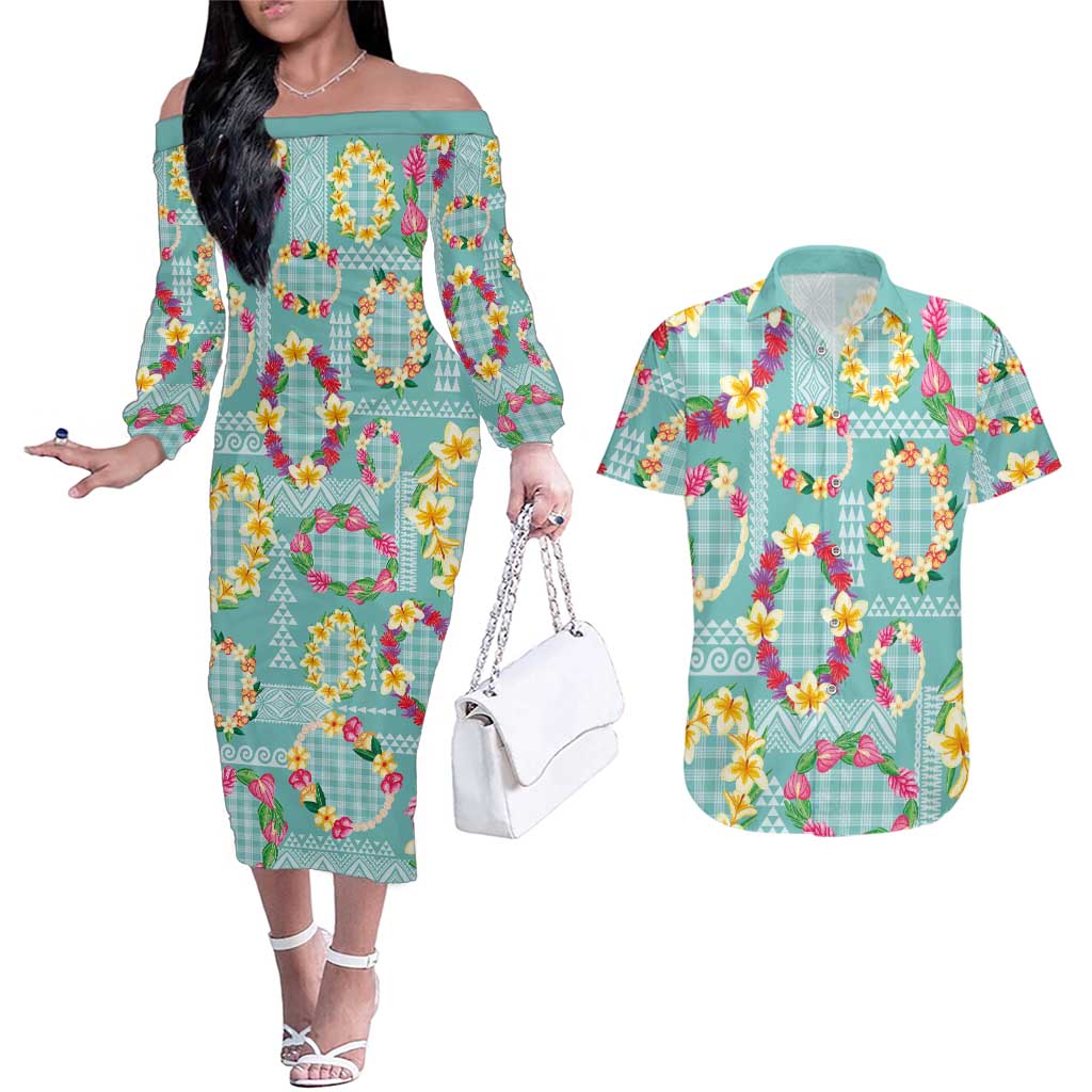 Hawaiian Leis Couples Matching Off The Shoulder Long Sleeve Dress and Hawaiian Shirt Kakau Tattoos and Palaka Pastel Teal Color