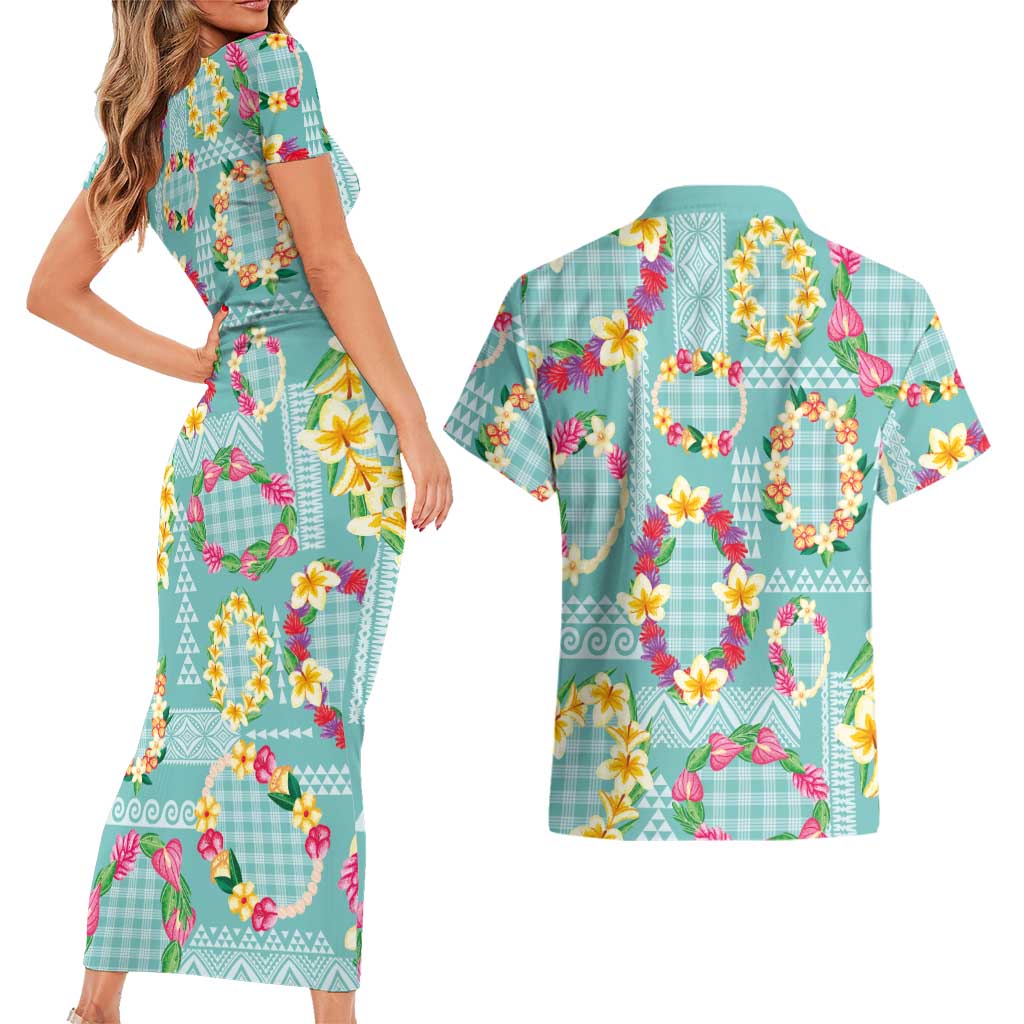 Hawaiian Leis Couples Matching Short Sleeve Bodycon Dress and Hawaiian Shirt Kakau Tattoos and Palaka Pastel Teal Color