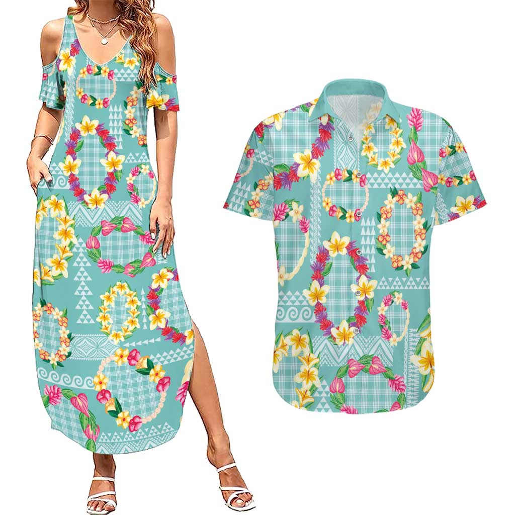 Hawaiian Leis Couples Matching Summer Maxi Dress and Hawaiian Shirt Kakau Tattoos and Palaka Pastel Teal Color