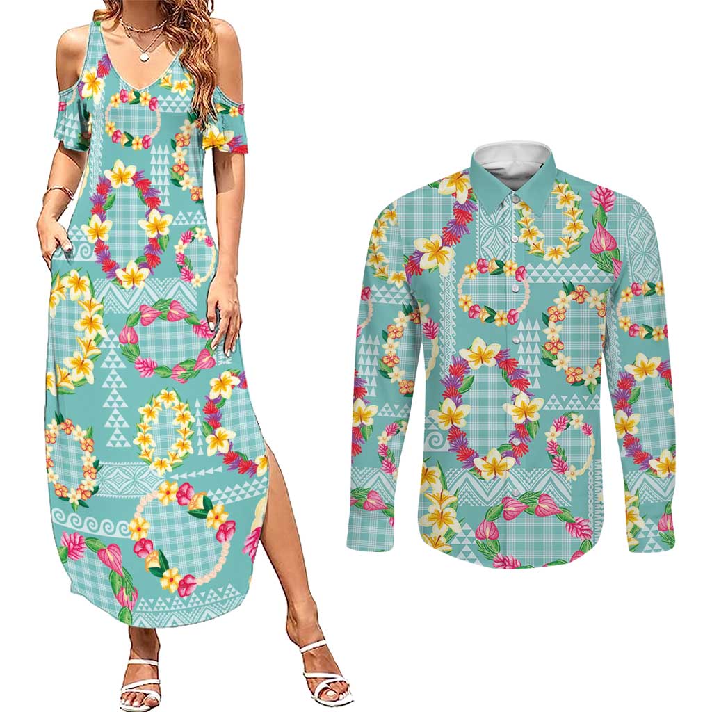 Hawaiian Leis Couples Matching Summer Maxi Dress and Long Sleeve Button Shirt Kakau Tattoos and Palaka Pastel Teal Color