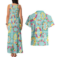 Hawaiian Leis Couples Matching Tank Maxi Dress and Hawaiian Shirt Kakau Tattoos and Palaka Pastel Teal Color