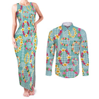 Hawaiian Leis Couples Matching Tank Maxi Dress and Long Sleeve Button Shirt Kakau Tattoos and Palaka Pastel Teal Color