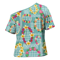 Hawaiian Leis Cross Shoulder Shirt Kakau Tattoos and Palaka Pastel Teal Color