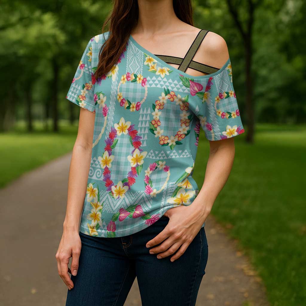 Hawaiian Leis Cross Shoulder Shirt Kakau Tattoos and Palaka Pastel Teal Color