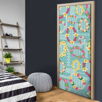 Hawaiian Leis Door Cover Kakau Tattoos and Palaka Pastel Teal Color