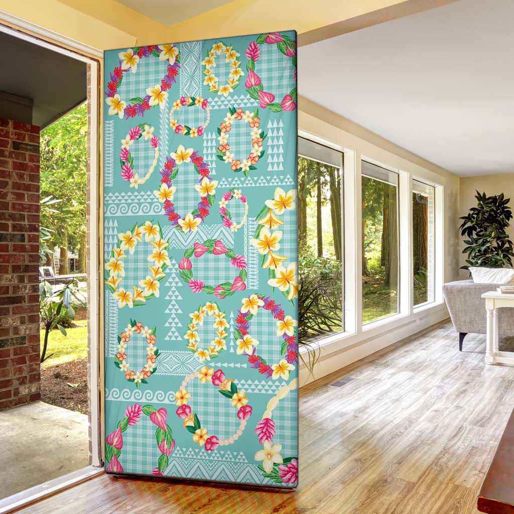 Hawaiian Leis Door Cover Kakau Tattoos and Palaka Pastel Teal Color