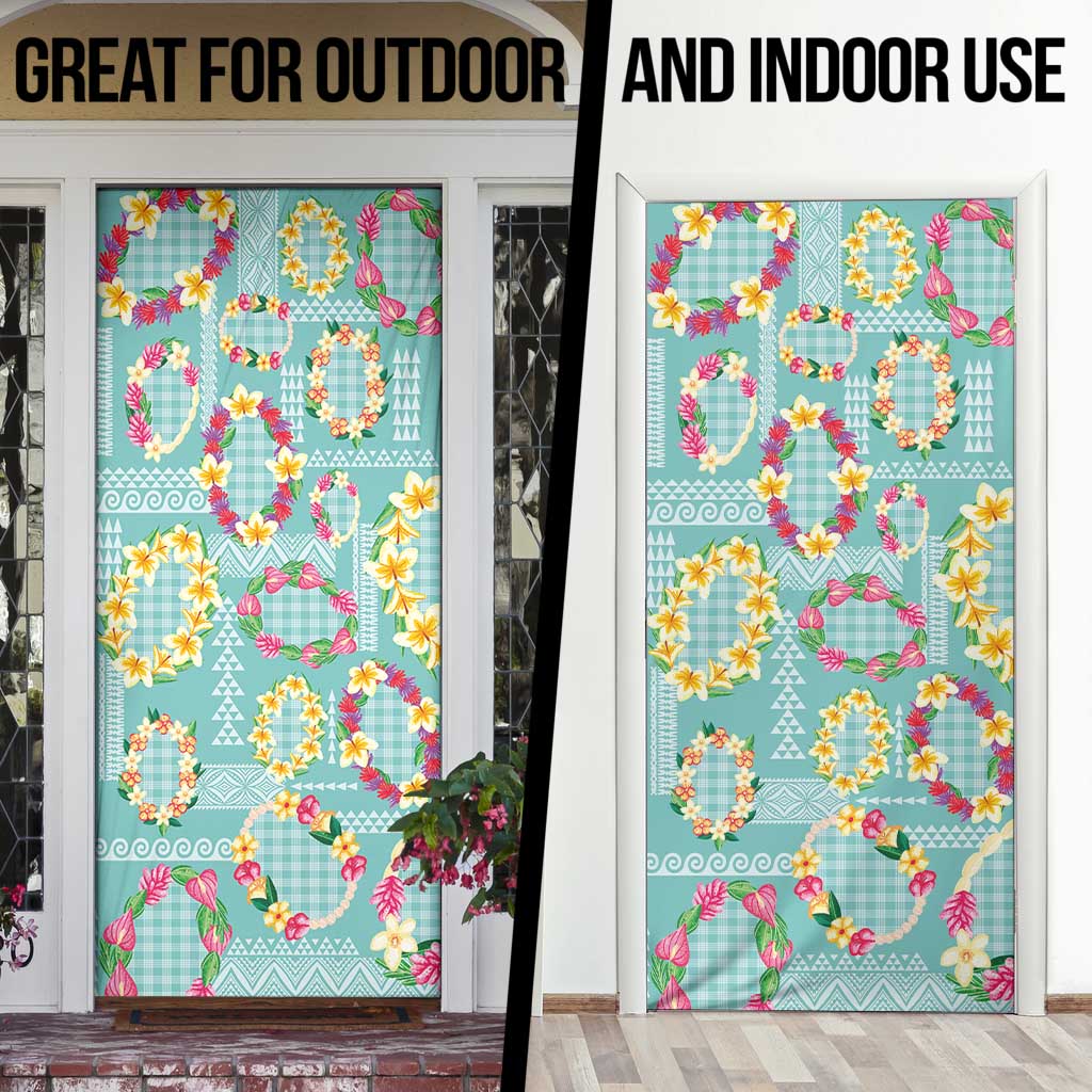 Hawaiian Leis Door Cover Kakau Tattoos and Palaka Pastel Teal Color