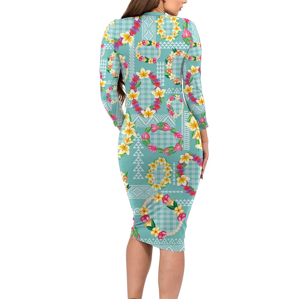 Hawaiian Leis Family Matching Long Sleeve Bodycon Dress and Hawaiian Shirt Kakau Tattoos and Palaka Pastel Teal Color