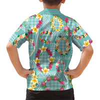 Hawaiian Leis Family Matching Off The Shoulder Long Sleeve Dress and Hawaiian Shirt Kakau Tattoos and Palaka Pastel Teal Color