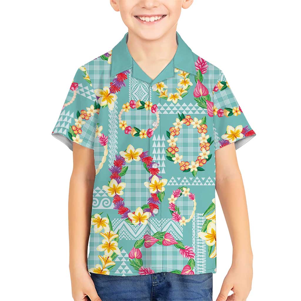 Hawaiian Leis Family Matching Off The Shoulder Long Sleeve Dress and Hawaiian Shirt Kakau Tattoos and Palaka Pastel Teal Color