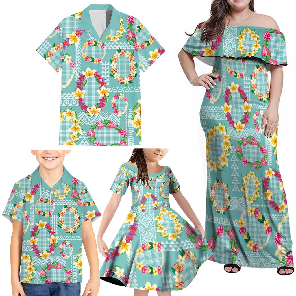 Hawaiian Leis Family Matching Off Shoulder Maxi Dress and Hawaiian Shirt Kakau Tattoos and Palaka Pastel Teal Color