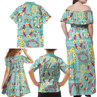 Hawaiian Leis Family Matching Off Shoulder Maxi Dress and Hawaiian Shirt Kakau Tattoos and Palaka Pastel Teal Color