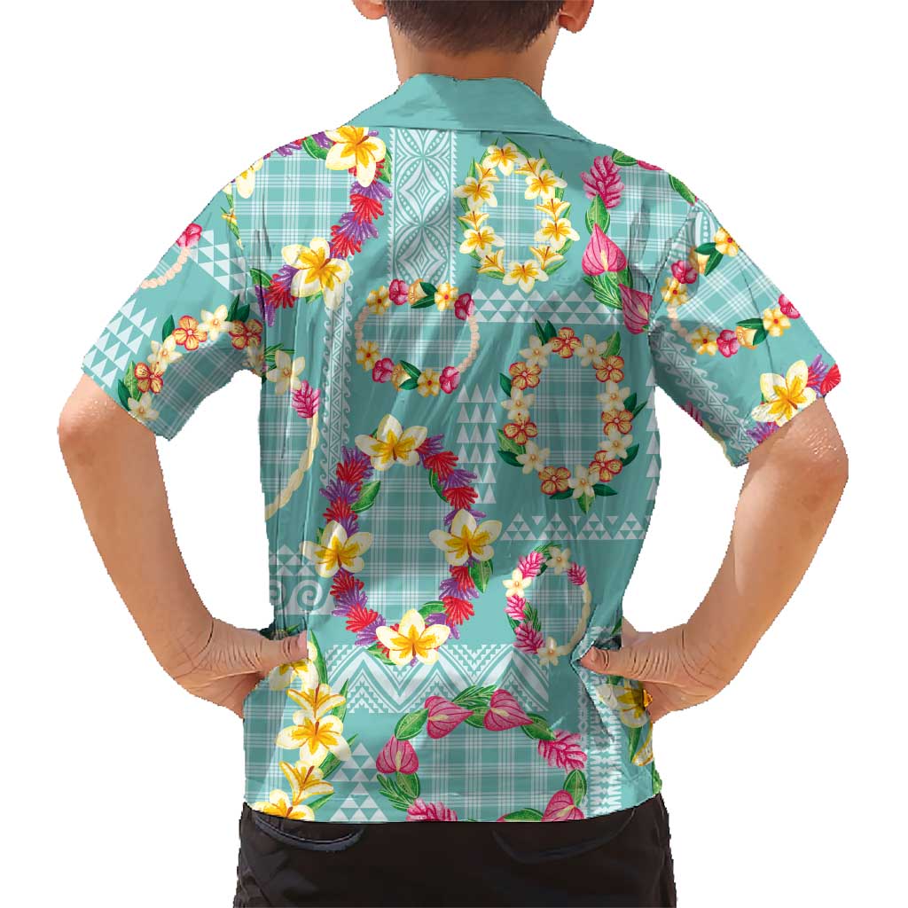 Hawaiian Leis Family Matching Puletasi and Hawaiian Shirt Kakau Tattoos and Palaka Pastel Teal Color