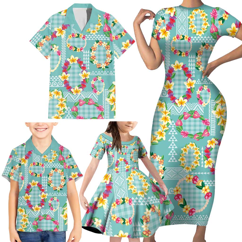 Hawaiian Leis Family Matching Short Sleeve Bodycon Dress and Hawaiian Shirt Kakau Tattoos and Palaka Pastel Teal Color