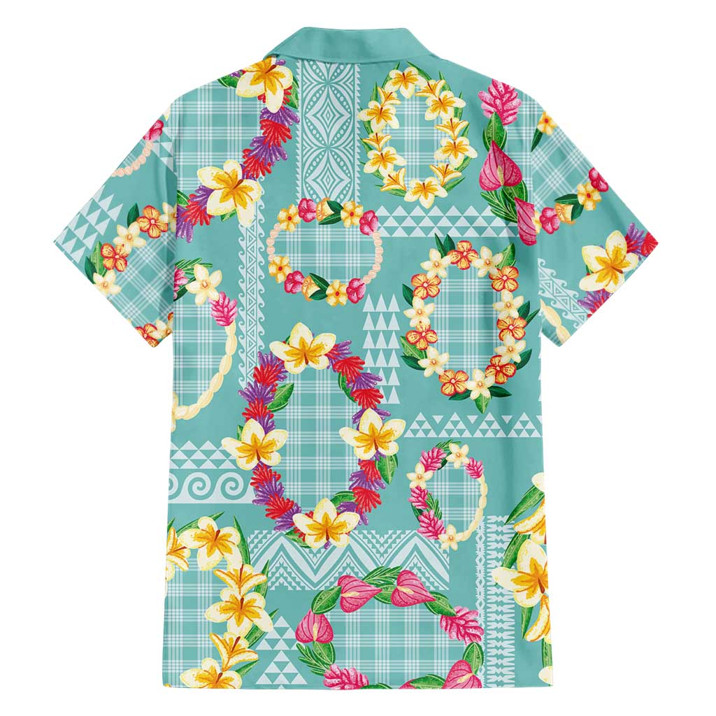 Hawaiian Leis Family Matching Short Sleeve Bodycon Dress and Hawaiian Shirt Kakau Tattoos and Palaka Pastel Teal Color
