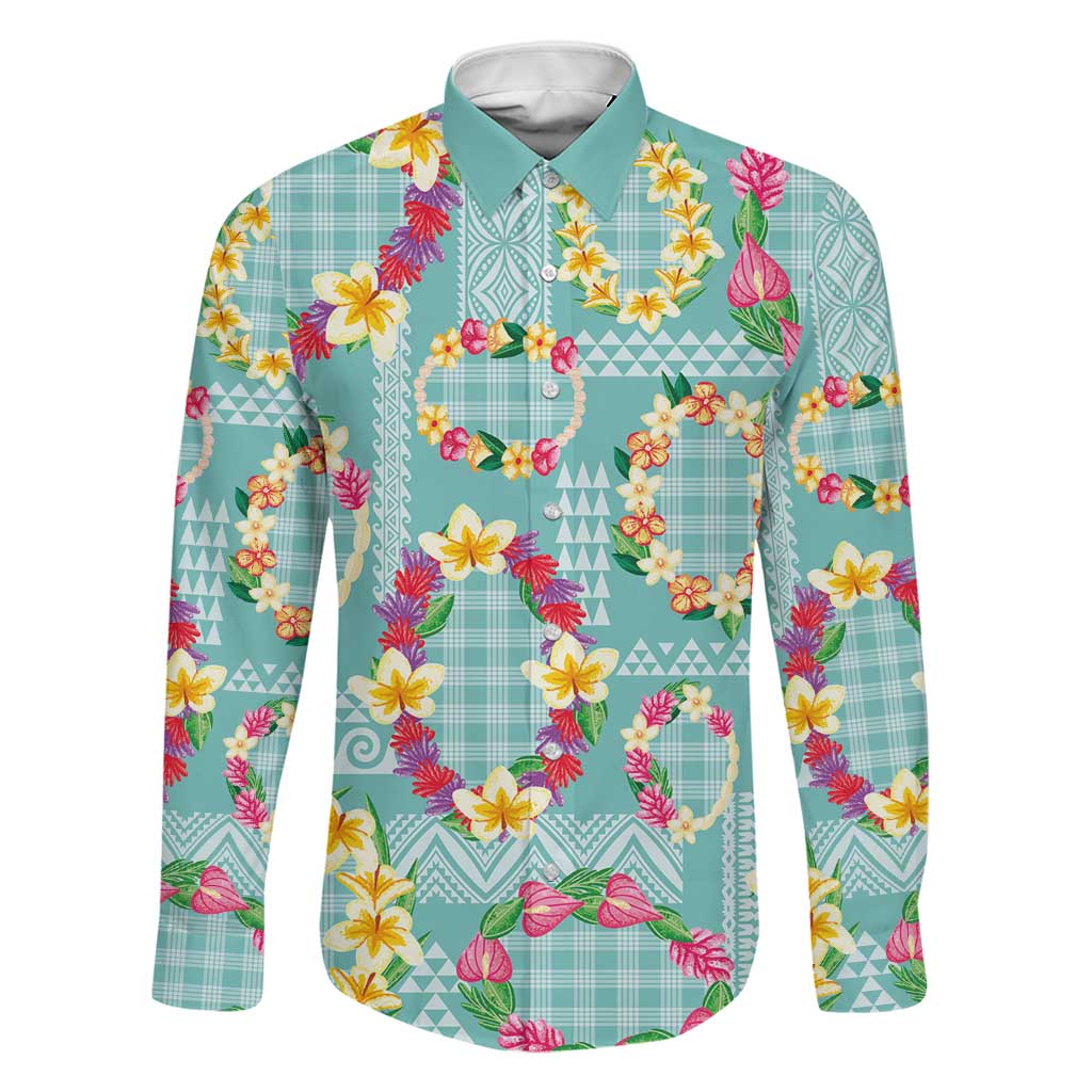 Hawaiian Leis Family Matching Short Sleeve Bodycon Dress and Hawaiian Shirt Kakau Tattoos and Palaka Pastel Teal Color