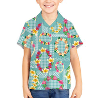 Hawaiian Leis Family Matching Short Sleeve Bodycon Dress and Hawaiian Shirt Kakau Tattoos and Palaka Pastel Teal Color
