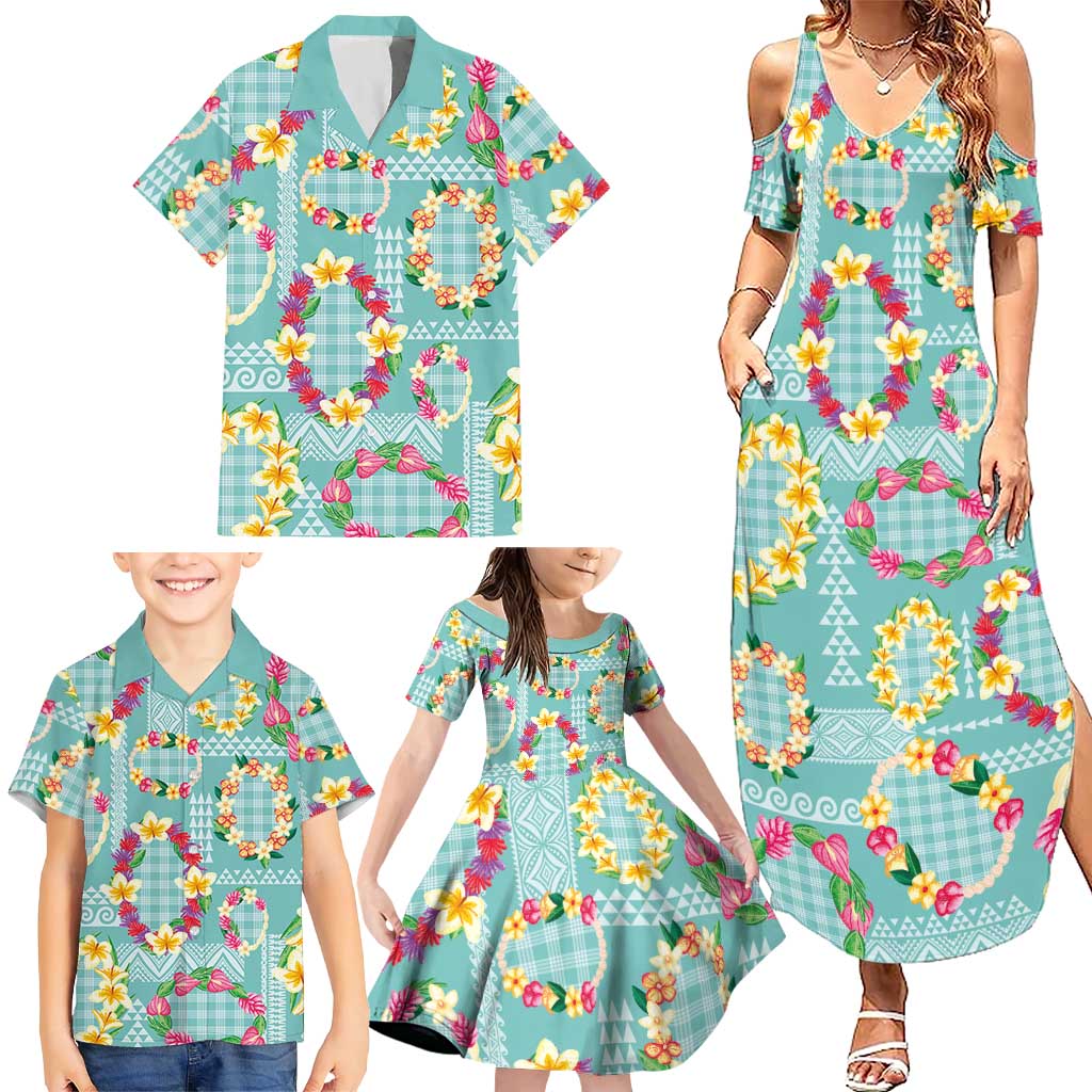 Hawaiian Leis Family Matching Summer Maxi Dress and Hawaiian Shirt Kakau Tattoos and Palaka Pastel Teal Color
