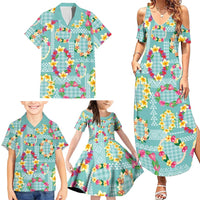 Hawaiian Leis Family Matching Summer Maxi Dress and Hawaiian Shirt Kakau Tattoos and Palaka Pastel Teal Color