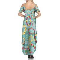 Hawaiian Leis Family Matching Summer Maxi Dress and Hawaiian Shirt Kakau Tattoos and Palaka Pastel Teal Color