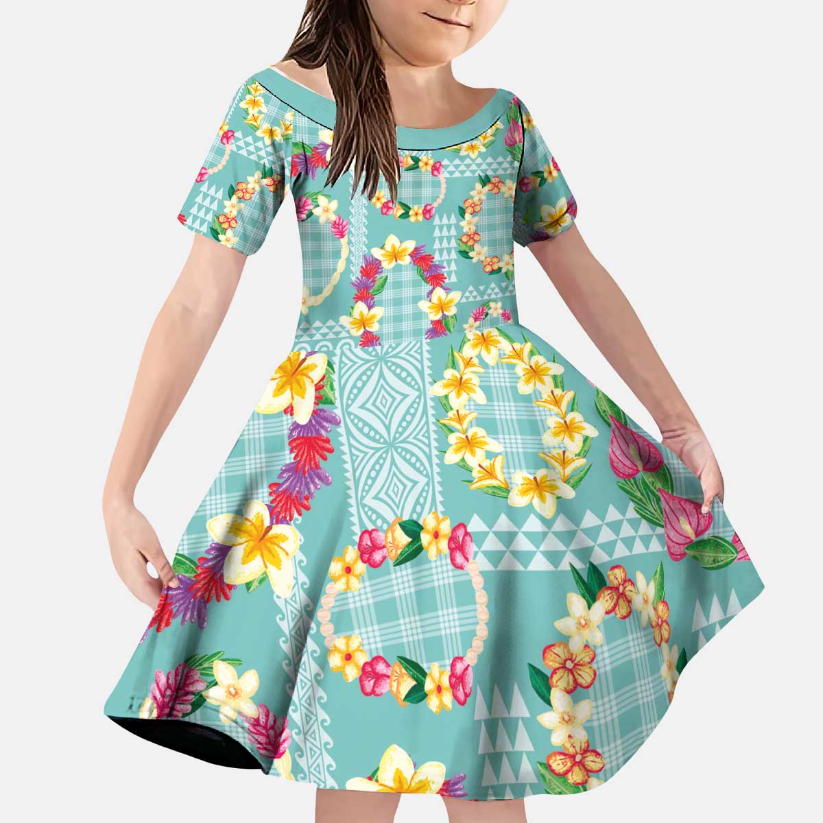 Hawaiian Leis Kid Short Sleeve Dress Kakau Tattoos and Palaka Pastel Teal Color