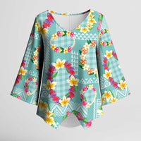 Hawaiian Leis Kimono Sleeve Blouse Kakau Tattoos and Palaka Pastel Teal Color