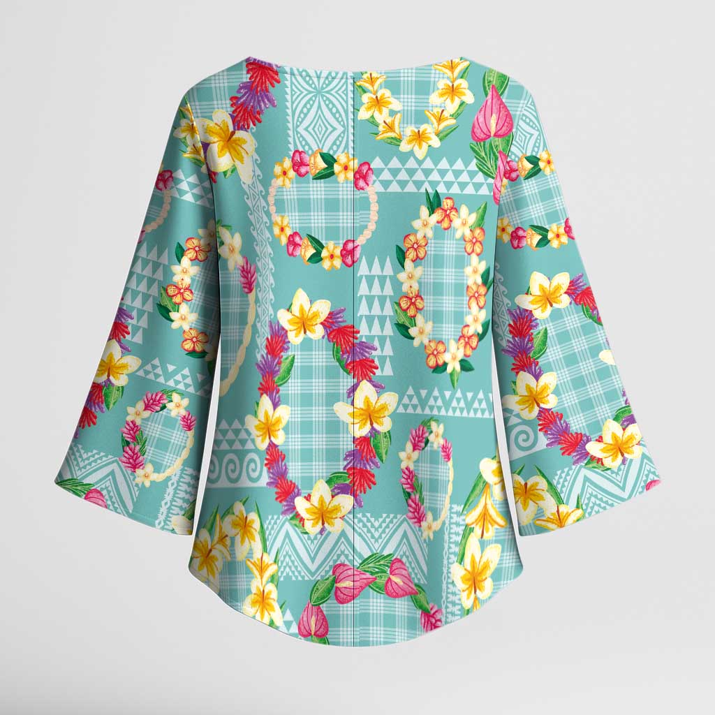 Hawaiian Leis Kimono Sleeve Blouse Kakau Tattoos and Palaka Pastel Teal Color
