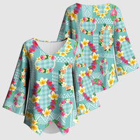 Hawaiian Leis Kimono Sleeve Blouse Kakau Tattoos and Palaka Pastel Teal Color