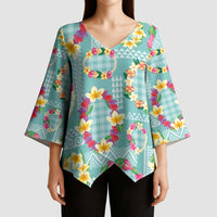 Hawaiian Leis Kimono Sleeve Blouse Kakau Tattoos and Palaka Pastel Teal Color