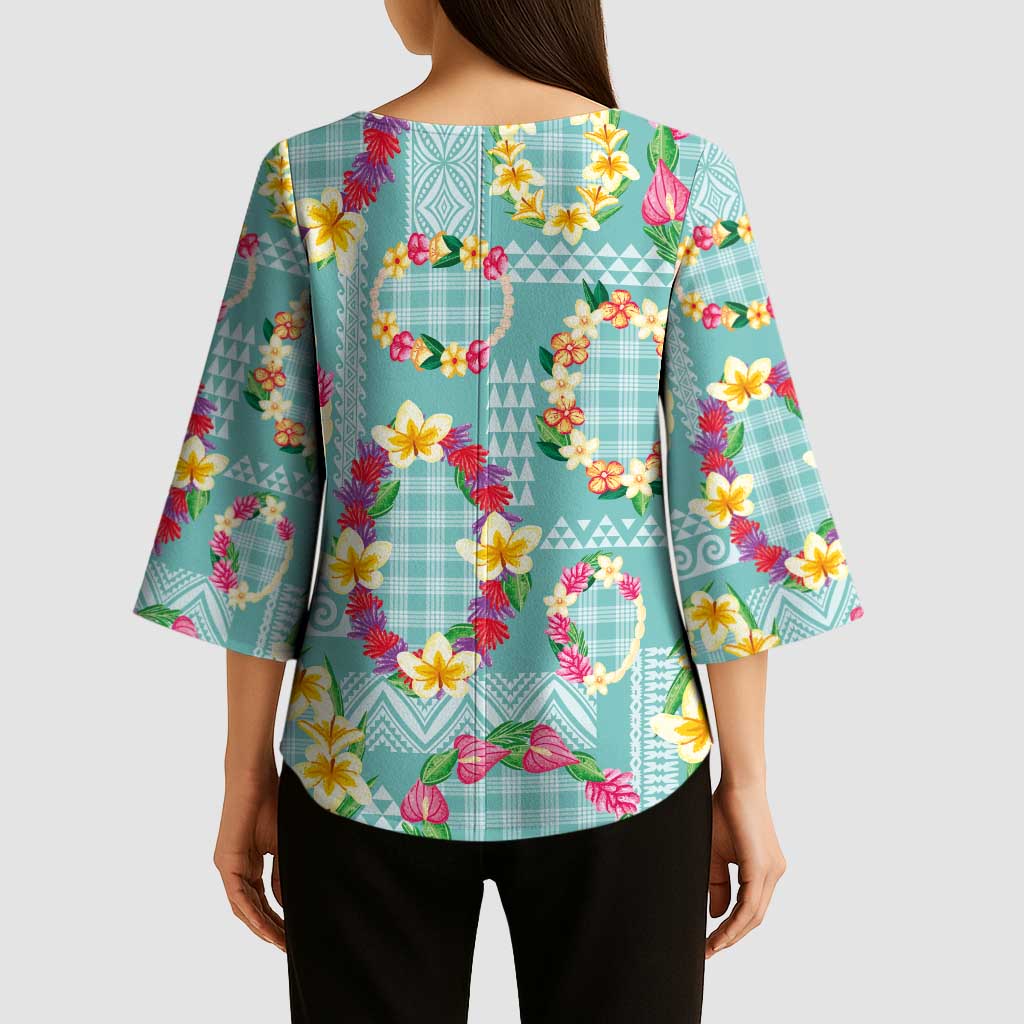 Hawaiian Leis Kimono Sleeve Blouse Kakau Tattoos and Palaka Pastel Teal Color