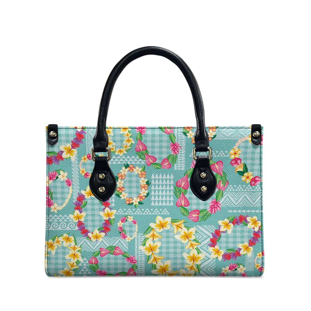 Hawaiian Leis Leather Bag Kakau Tattoos and Palaka Pastel Teal Color LT03 - Polynesian Pride
