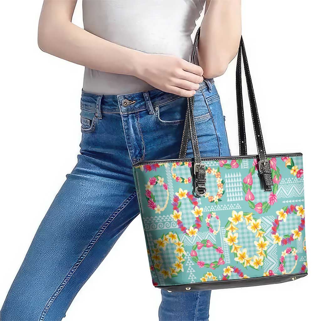 Hawaiian Leis Leather Tote Bag Kakau Tattoos and Palaka Pastel Teal Color LT03 - Polynesian Pride