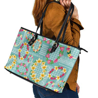 Hawaiian Leis Leather Tote Bag Kakau Tattoos and Palaka Pastel Teal Color LT03 - Polynesian Pride