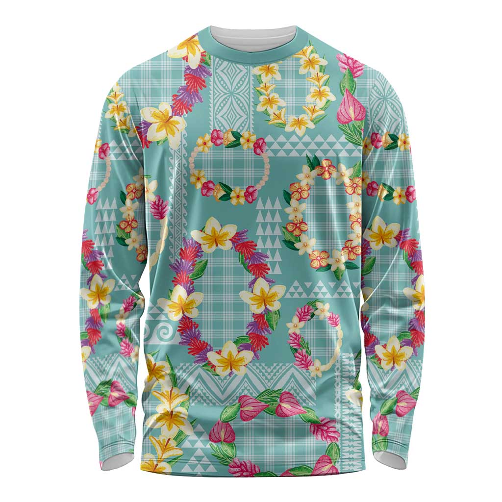 Hawaiian Leis Long Sleeve Shirt Kakau Tattoos and Palaka Pastel Teal Color