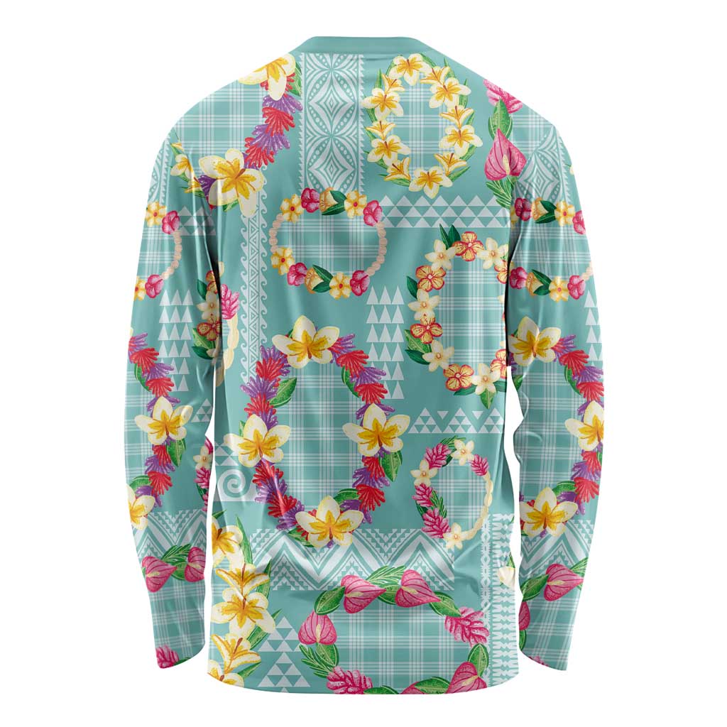 Hawaiian Leis Long Sleeve Shirt Kakau Tattoos and Palaka Pastel Teal Color