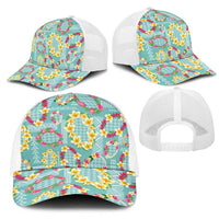 Hawaiian Leis Mesh Trucker Cap Kakau Tattoos and Palaka Pastel Teal Color