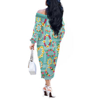 Hawaiian Leis Off The Shoulder Long Sleeve Dress Kakau Tattoos and Palaka Pastel Teal Color LT03 - Polynesian Pride