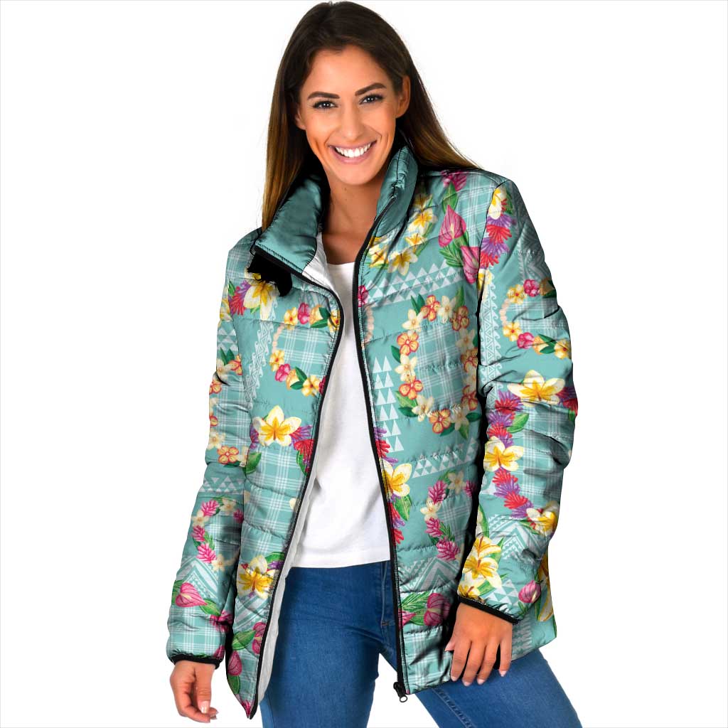 Hawaiian Leis Padded Jacket Kakau Tattoos and Palaka Pastel Teal Color LT03 Women Teal - Polynesian Pride