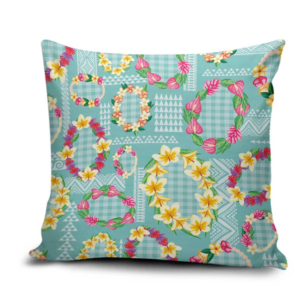 Hawaiian Leis Pillow Cover Kakau Tattoos and Palaka Pastel Teal Color
