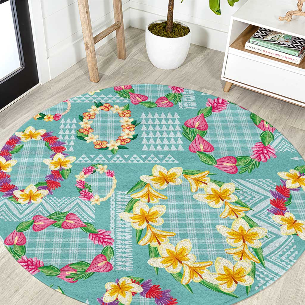 Hawaiian Leis Round Carpet Kakau Tattoos and Palaka Pastel Teal Color
