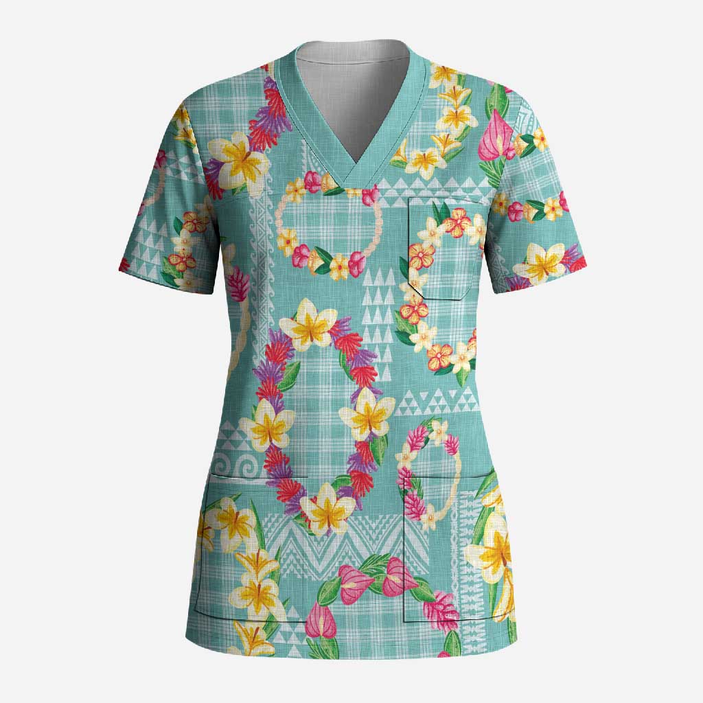 Hawaiian Leis Scrub Top Kakau Tattoos and Palaka Pastel Teal Color