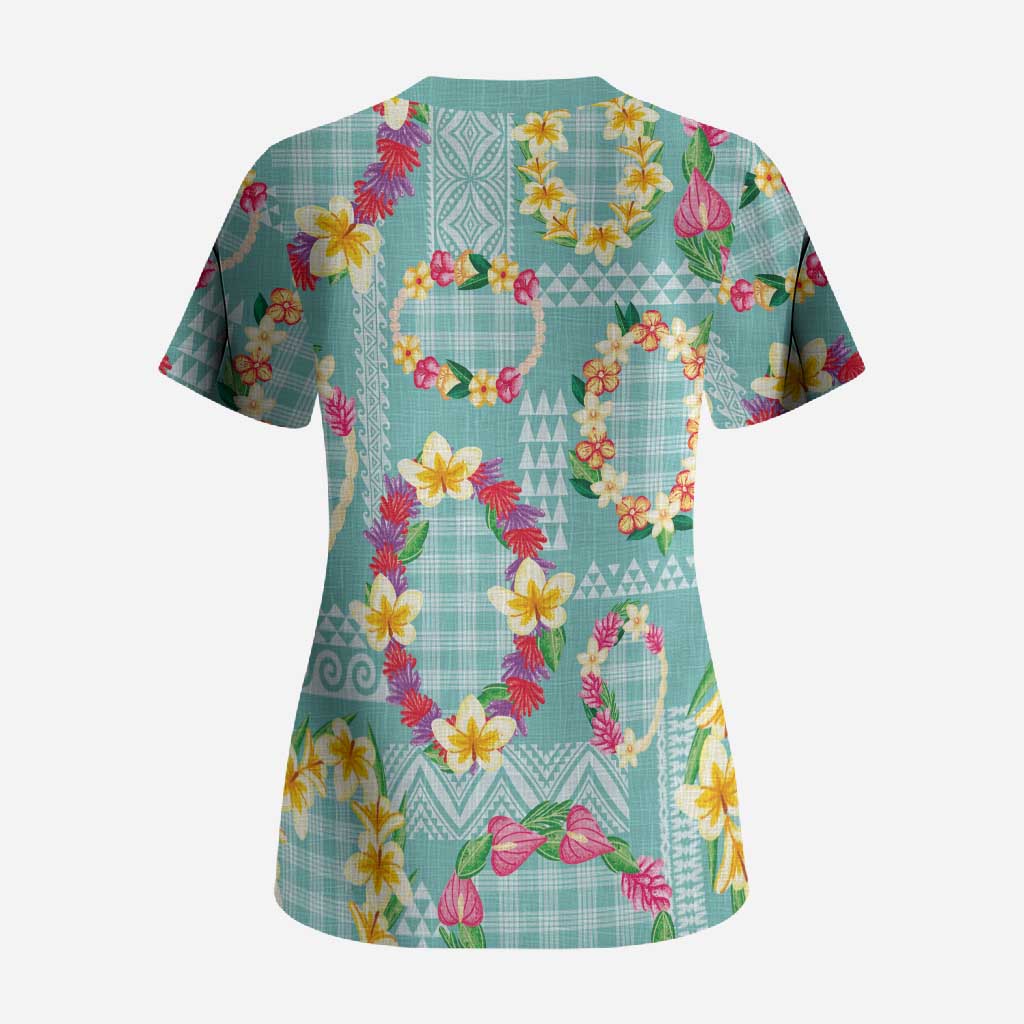 Hawaiian Leis Scrub Top Kakau Tattoos and Palaka Pastel Teal Color LT03 - Polynesian Pride