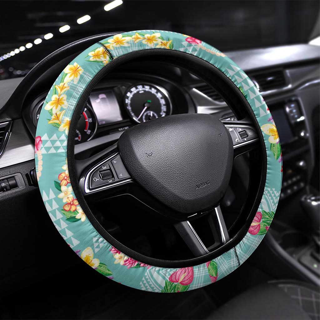 Hawaiian Leis Steering Wheel Cover Kakau Tattoos and Palaka Pastel Teal Color