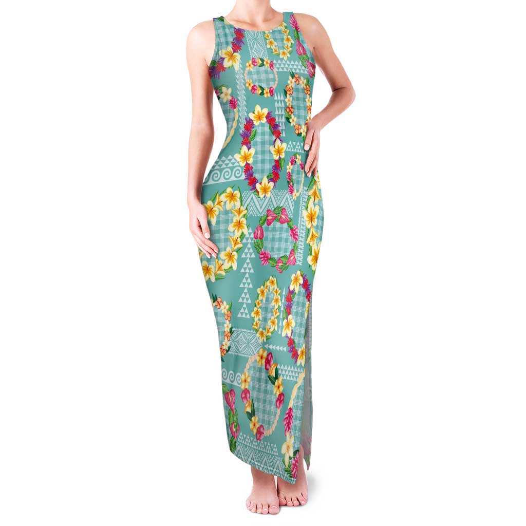 Hawaiian Leis Tank Maxi Dress Kakau Tattoos and Palaka Pastel Teal Color LT03 Women Teal - Polynesian Pride