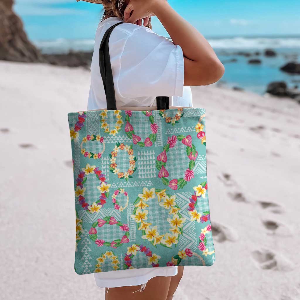 Hawaiian Leis Tote Bag Kakau Tattoos and Palaka Pastel Teal Color LT03 - Polynesian Pride