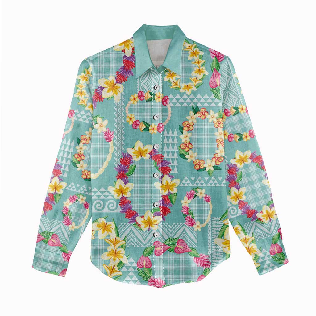 Hawaiian Leis Women Casual Shirt Kakau Tattoos and Palaka Pastel Teal Color LT03 - Polynesian Pride
