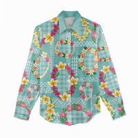Hawaiian Leis Women Casual Shirt Kakau Tattoos and Palaka Pastel Teal Color LT03 - Polynesian Pride