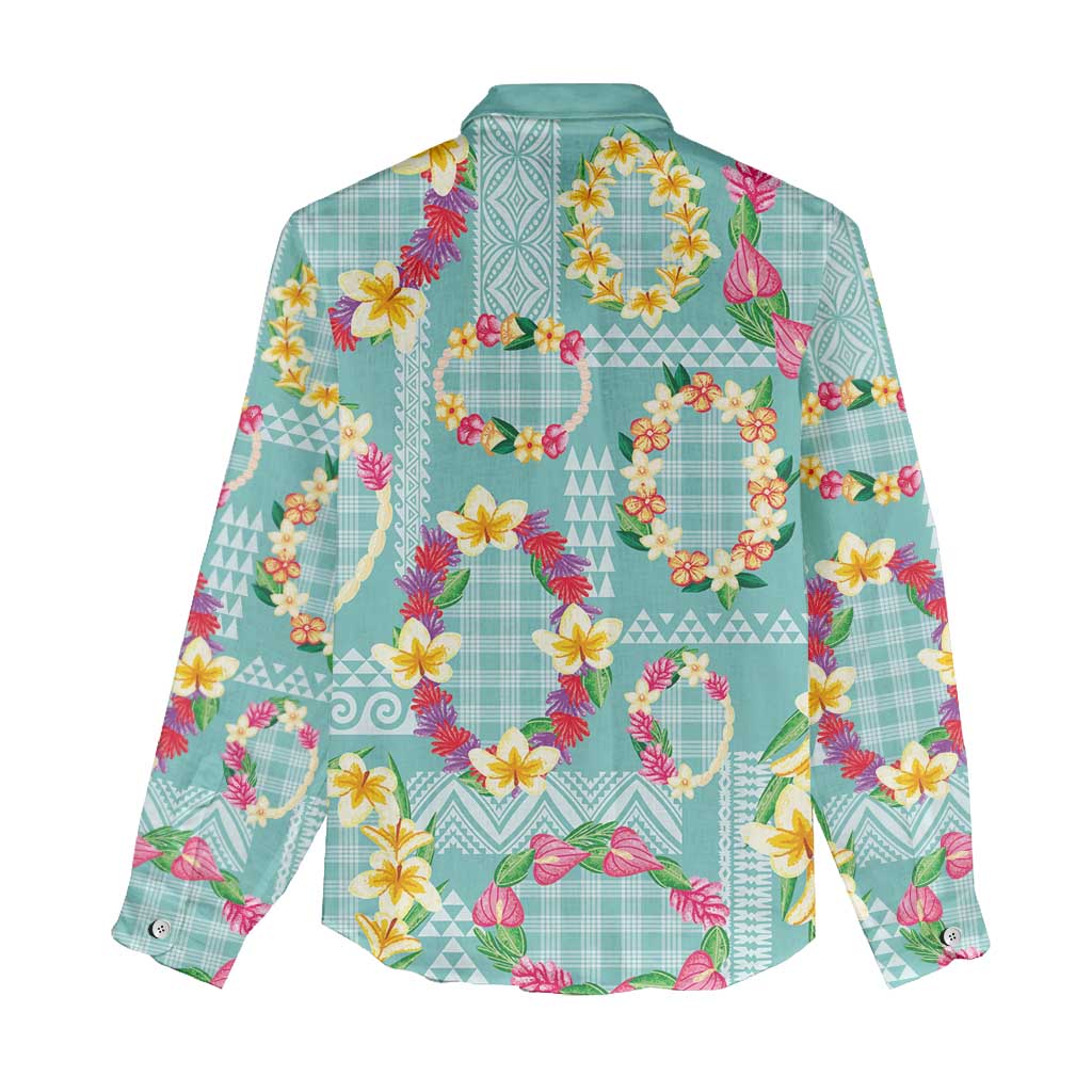 Hawaiian Leis Women Casual Shirt Kakau Tattoos and Palaka Pastel Teal Color LT03 - Polynesian Pride