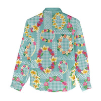 Hawaiian Leis Women Casual Shirt Kakau Tattoos and Palaka Pastel Teal Color LT03 - Polynesian Pride