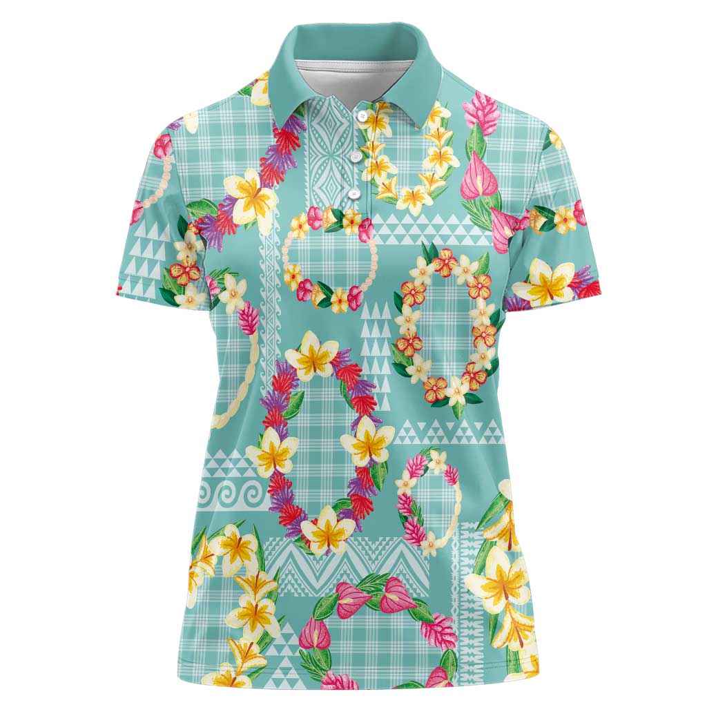Hawaiian Leis Women Polo Shirt Kakau Tattoos and Palaka Pastel Teal Color